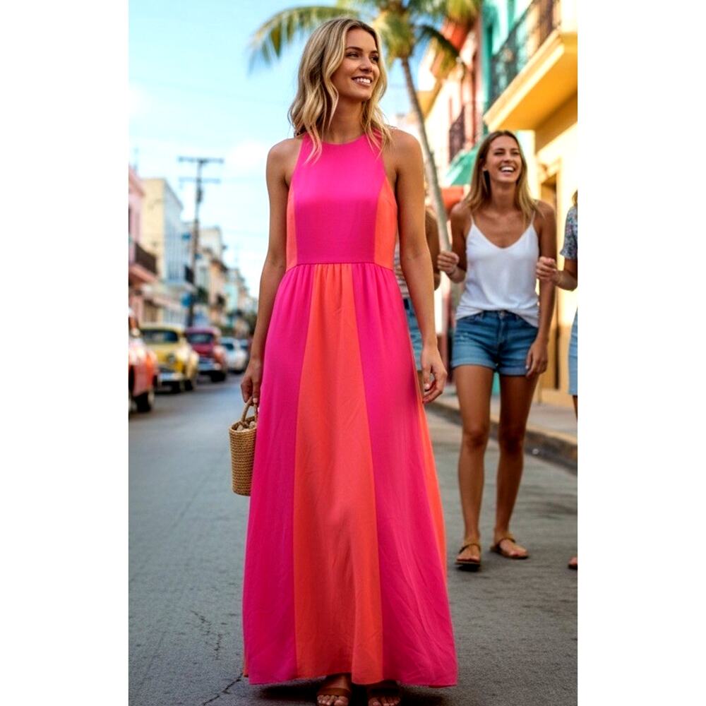 Annie griffin 100% silk Dopamine maxi dress 6 TALL Color block Neon Orange Y2K